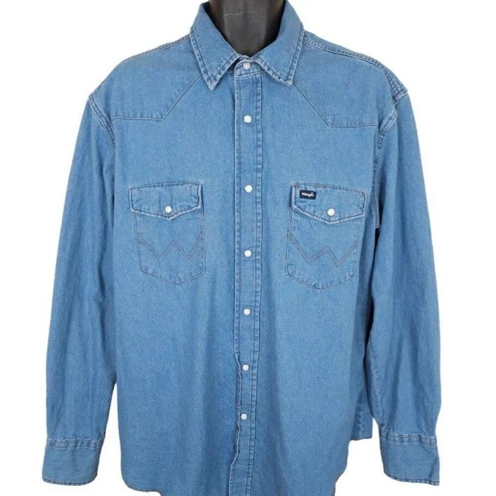 Vintage Wrangler Western Denim Shirt Mens Size XL Blue Pearl Snap Buttons